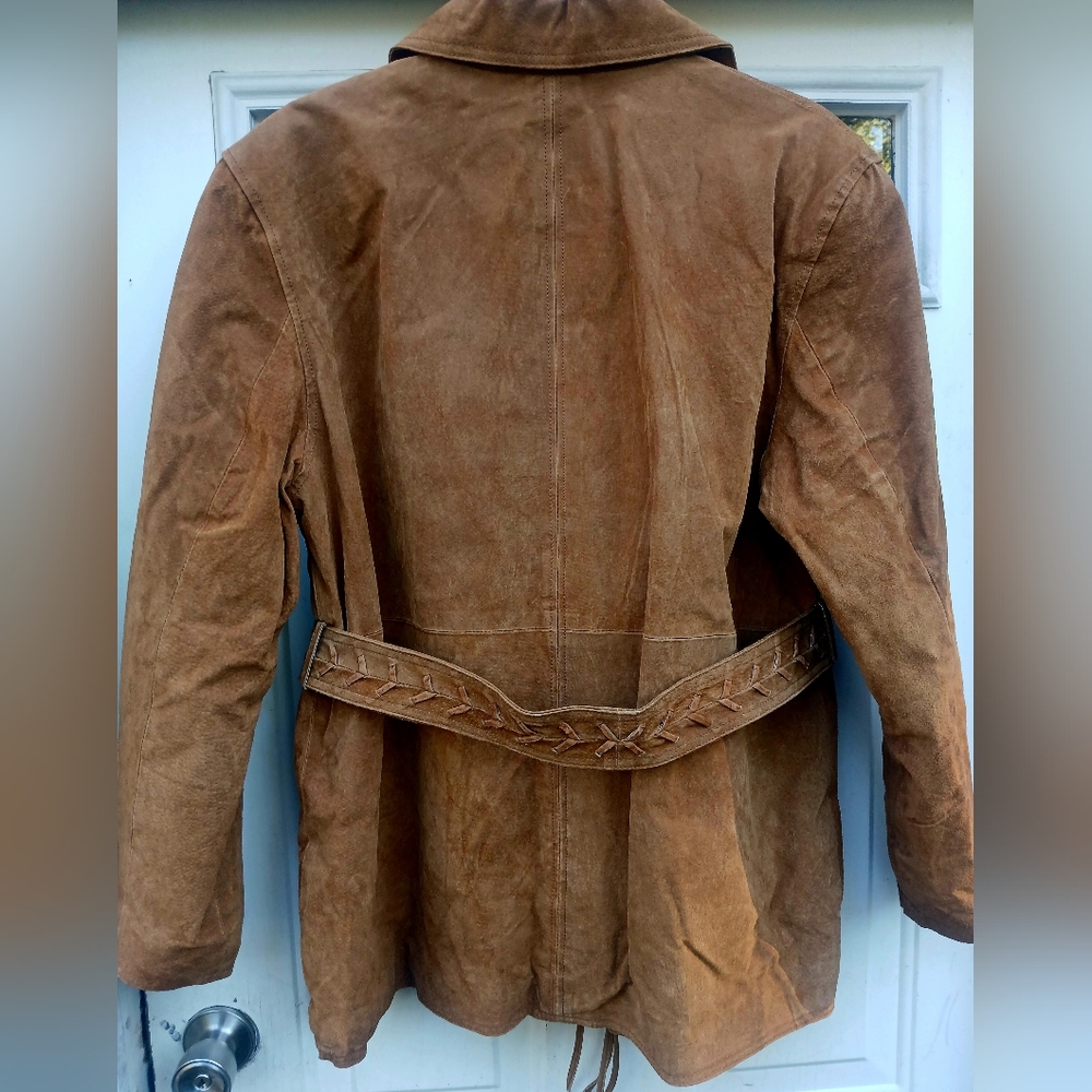 Vntg Marc Mattis Women's Tan Western Style 100% Suede Belted 1 Button Jacket XL - Picture 2 of 3